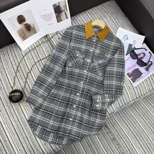 Miu Miu Gray Plaid Midi Dress with Mustard Collar